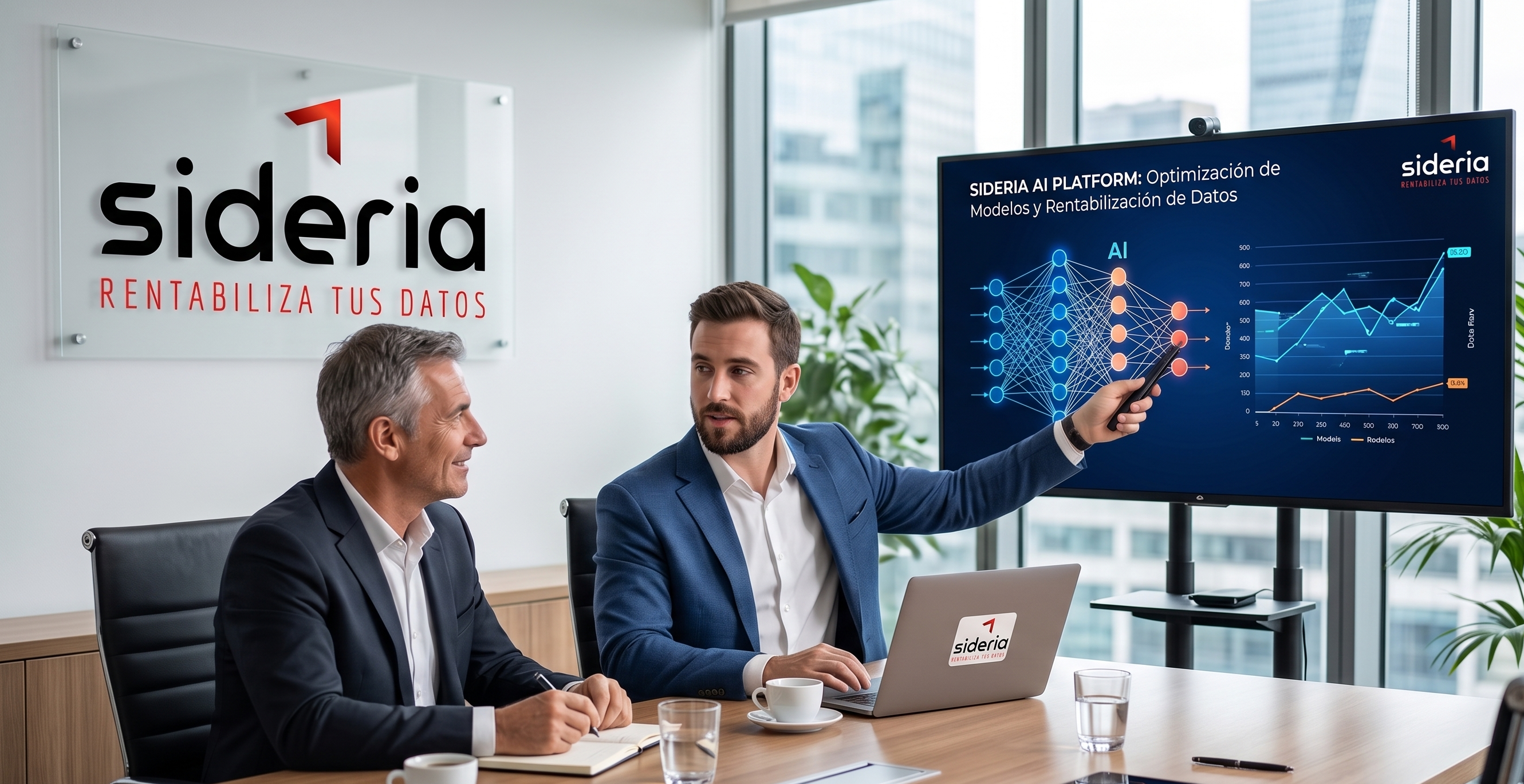 Empresarios aplicando Inteligencia Artificial en sala de reuniones moderna con pantalla SIDERIA AI Solutions